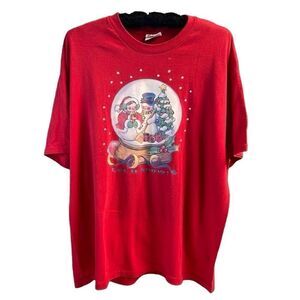 Hanes Ladies TShirt Holiday SnowGlobe with Mr and Mrs Snowman , Red, Size XL